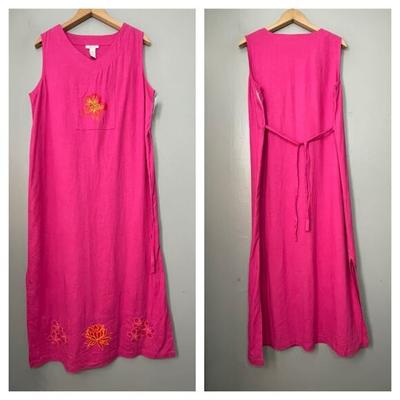 Amelias Collection Size Large Pink Linen Maxi Embroidered Jumper Dress Vacation - Picture 1 of 12